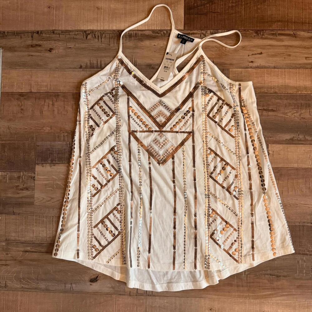 Express White Brown Geometric Sequin Sleeveless Cotton Modal Tank Top‎ M